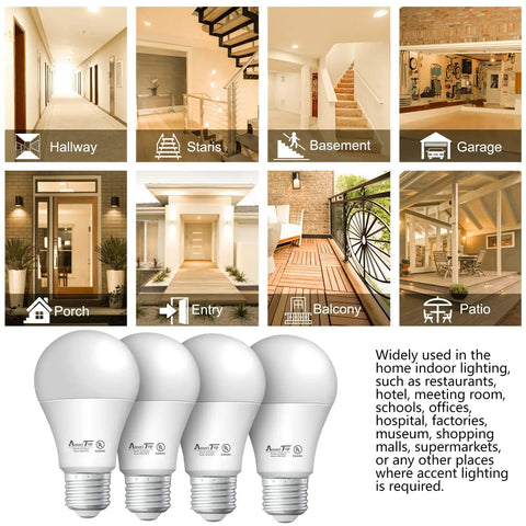 Dusk To Dawn LED Sensor Light Bulbs 4 Pack A19, UL Listed, Automatic On Off, images of hallway, garage, porch, and entryway