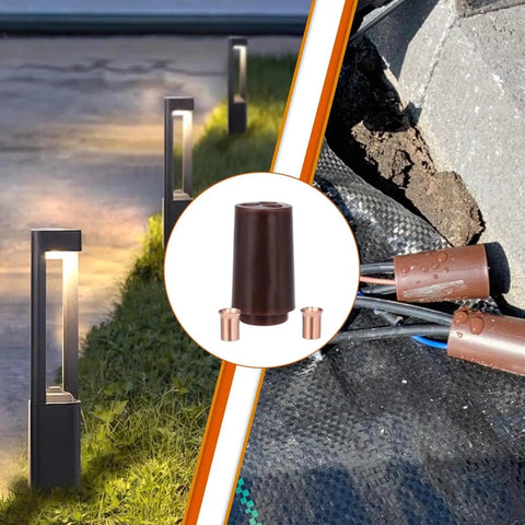 Heavy Duty Dry Splice Wire Connector Crimp Sleeve 600V Rating Perfect For Secure Electrical Circuit Splices Low Voltage High Voltage Applications Includes 50 Pack With Pre Filled Sleeves For Tough Jobs Around The House And Shop, brown copper sleeve on outdoor wires