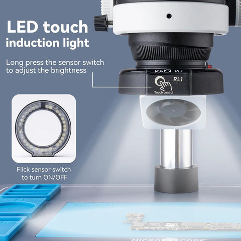 Pro Grade Stereo Microscope With Trinocular Setup For Soldering And PCB Work Camera Ready Heavy Duty Precision Microscope For Microelectronics And Detailed Inspection Eye Friendly Eyepieces LED ring light and touch sensor control