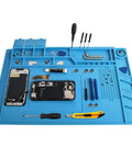 Heat Resistant Silicone Soldering Pad For Electronics Workstation With Anti Static Surface Magnetic Area And Built In Screw Storage 932F Safe 17.7x11.8 Inch Solder Mat Perfect For BGA Soldering And Repair Jobs shown with tools and electronics components.