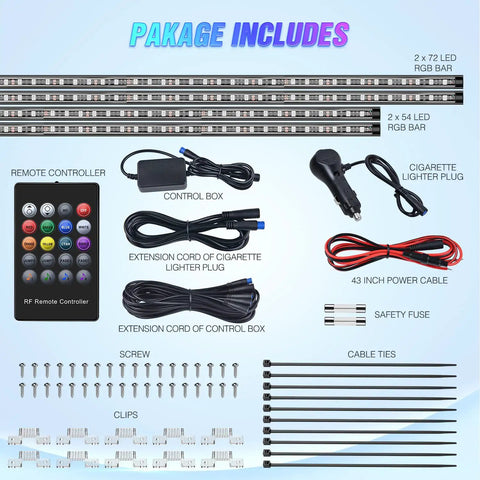 Package contents of Dope Car Underglow Neon Accent Strip Lights With 252 LEDs RGB 8 Color Sound Active Music Mode and accessories.