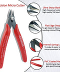 Precision Micro Cutter with ultra sharp blades, flat edge design, internal spring, and PVC coated handle for ease of use.