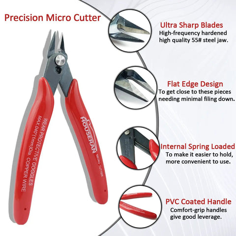 Precision Micro Cutter with ultra sharp blades, flat edge design, internal spring, and PVC coated handle for ease of use.