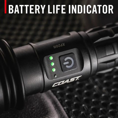 Battery life indicator on Beastly Bright 4000 Lumen USB C Rechargeable LED Flashlight With Slide Focus And Pure Beam Optic Five Light Modes Turbo MoonGlow High Medium Low For Work Home Outdoors