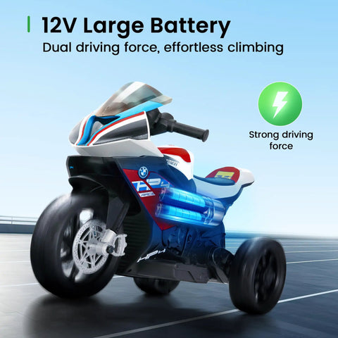 Side view of BMW Licensed 12V Kids Electric Ride On Motorcycle For Ages 3 To 5, Three Wheel Bike in Charm Red on pavement