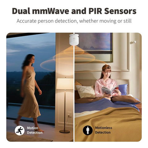 AI Powered 5 In 1 Presence Sensor With 60GHz MmWave And PIR Motion Detection Light Temperature And Humidity sensing illustration