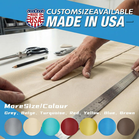 Hands measuring fabric for Built Tough Waterproof Shade Sail in beige, custom sizes, Made in USA, color options shown.