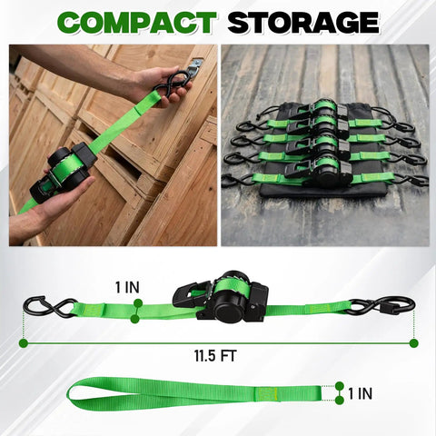 Heavy Duty Retractable Ratchet Straps Four Pack With Dual Pawl Lock One Inch By Eleven Feet Self Retracting Cargo Tie Downs for secure storage.