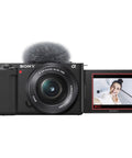 Front view of ZV-E10 Mirrorless Camera Bundle With 16 to 50mm Kit Lens And Forty Piece Accessory Bundle Including 64GB SD Card LED Light Case