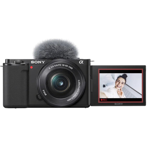 Front view of ZV-E10 Mirrorless Camera Bundle With 16 to 50mm Kit Lens And Forty Piece Accessory Bundle Including 64GB SD Card LED Light Case