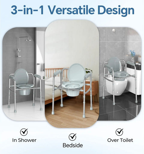 Built Like a Tank 3 in 1 Bedside Commode with Raised Toilet Seat and Safety Frame Featuring Rock Solid Double Crossbar Support and 350 Pound Rating for Senior Bathroom Mobility Aid