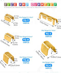 U Shape Copper Wire Crimp Terminal Kit, 525 Piece Non Insulated All In One Assortment With Open Barrel, Ring, Spade, Butt Lugs And Connectors, Includes TC-1 To TC-T Terminals For Easy Electrical Wiring Projects, showing size dimensions of terminals.