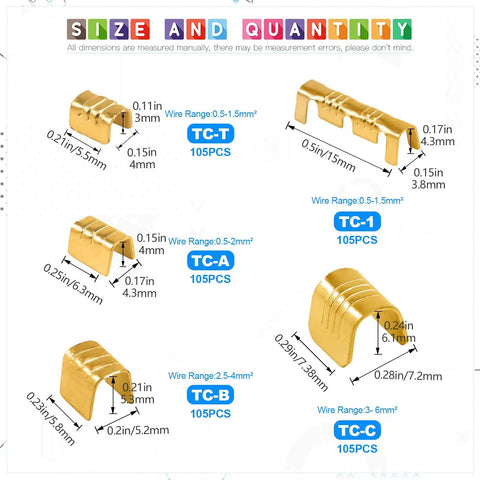 U Shape Copper Wire Crimp Terminal Kit, 525 Piece Non Insulated All In One Assortment With Open Barrel, Ring, Spade, Butt Lugs And Connectors, Includes TC-1 To TC-T Terminals For Easy Electrical Wiring Projects, showing size dimensions of terminals.