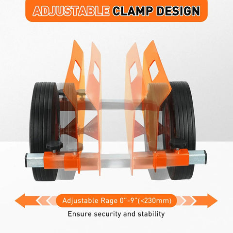 Side view of orange All Terrain Panel Dolly With 1100 Lbs Capacity Adjustable Clamp Panel Cart With Wide 10 Inch Wheels