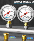 Two liquid-filled stainless steel pressure gauges, 1.5 in dial, 0–200 psi, lower mount, 1/4 in and 3/8 in NPT bushings.