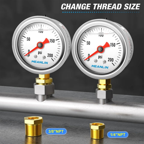 Two liquid-filled stainless steel pressure gauges, 1.5 in dial, 0–200 psi, lower mount, 1/4 in and 3/8 in NPT bushings.