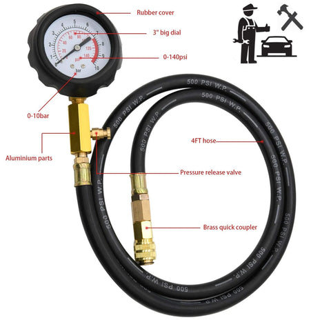 Oil pressure tester kit with 3-inch dial gauge (0–140 psi), 4 ft hose and brass quick coupler.