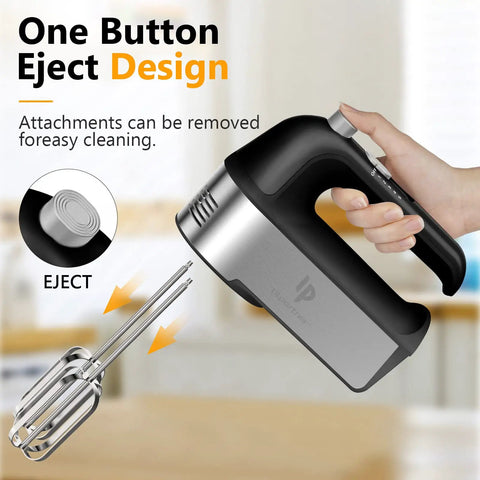 No Sweat Electric Hand Mixer With Gutsy 450W Motor and Handy Scale Cup Storage Case showing one button eject for easy attachment removal.