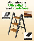 3 Step Aluminum Folding Ladder With Anti Slip Wide Pedals, Ultra Lightweight And Sturdy, Black Woodgrain, rust-free aluminum