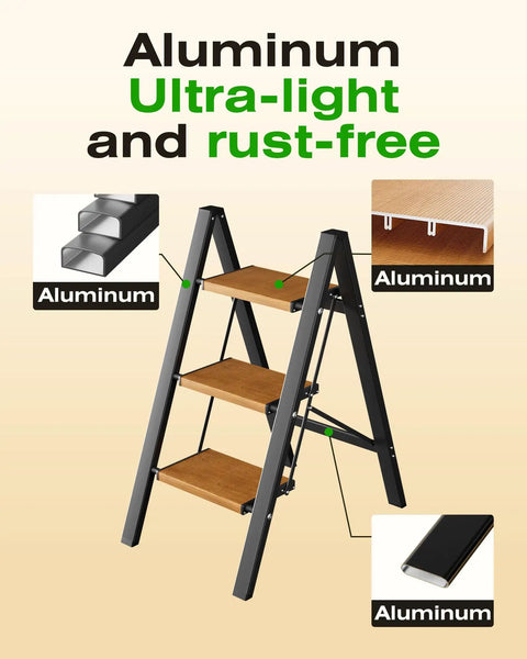 3 Step Aluminum Folding Ladder With Anti Slip Wide Pedals, Ultra Lightweight And Sturdy, Black Woodgrain, rust-free aluminum