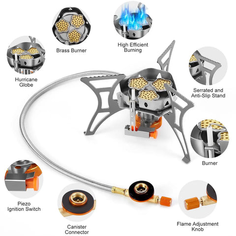 Powerful 6800W Windproof Camping Stove with brass burners, piezo ignition, serrated stand, and canister adapter for outdoor cooking.