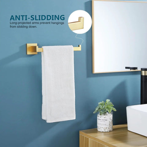 Brushed Gold Towel Bar Wall Mounted Hand Towel Holder for Bathroom image showing stainless steel design with a towel hanging.