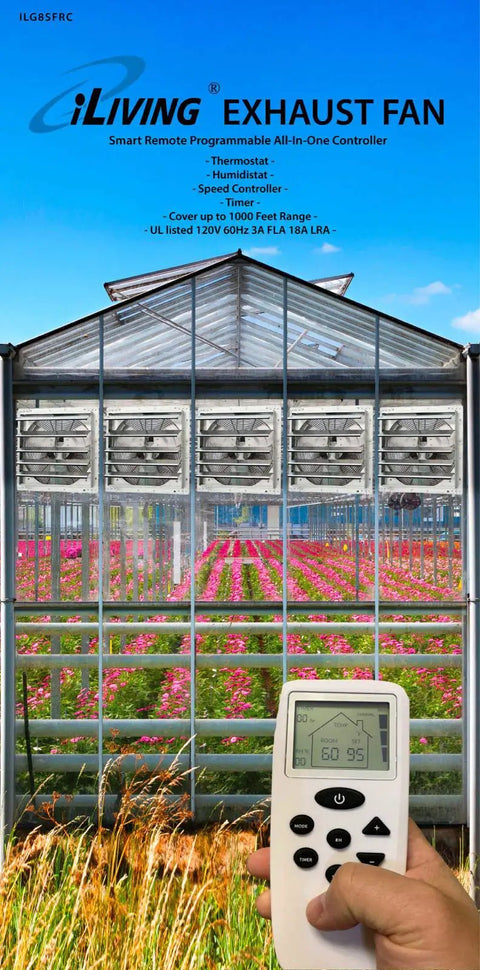 12 Inch Shutter Exhaust Fan With Wireless Smart Remote Controlled Thermostat And Humidity Sensor displayed in a greenhouse.