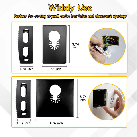 2-Pack Square Slot Cutter Set For Oscillating Multi-Tool, Fast Clean Drywall Outlet Box Openings dimensions and usage illustration