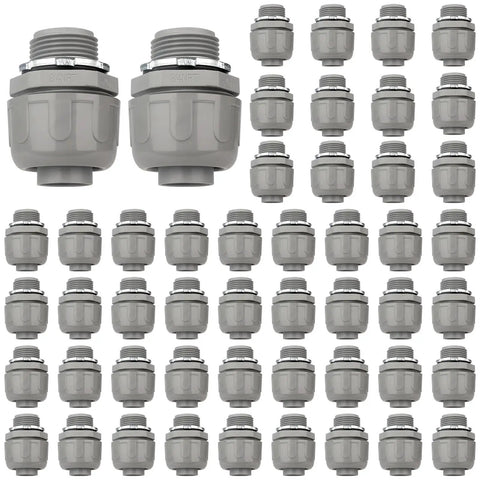 Three Quarter Inch Liquid Tight NPT Non Metallic PVC Conduit Connector 50 Pack for Electrical Flexible Conduit Fittings, Grey.