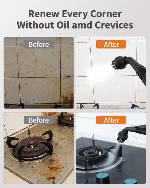 Handheld Steam Cleaner Mop With 50 Oz Tank Delivers 293 Degree Jet Hot Steam Pressure For Deep Cleaning Carpets Floors And Cars Powerful Heavy Duty Steamer Includes 21 Nozzles For Cracks And Tile Work Effortless Home Care Tool Turquoise Finish used on grimy tiles and gas stove before and after cleaning.