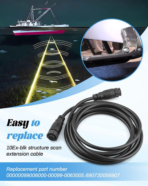 Premium 9 Pin Extension Cable For Lowrance Lss One Lss Two Structure Scan Transducer Replacement Cord 10 Foot with waterproof design.