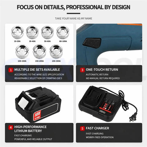 EZ-630 Intelligent Electric Hydraulic Crimping Tool features multiple die sets and a high-performance lithium battery for efficient use.