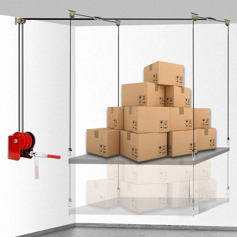 Heavy Duty Ceiling Mounted Garage Storage Lift System With Hand Crank lifting boxes to 16 feet for space saving organization