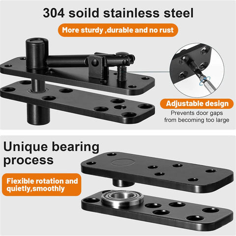 Heavy Duty Hidden Door Hinge Kit For Secret Doors And Bookcases With 570 Lbs Load Capacity in solid stainless steel showing parts and features.