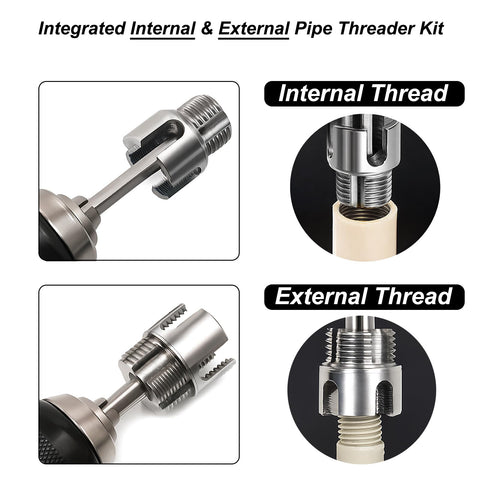 Three-Piece PVC Pipe Threader Kit With Internal And External Threading Heads For One-Half Inch, Three-Quarter Inch And One-Inch NPT