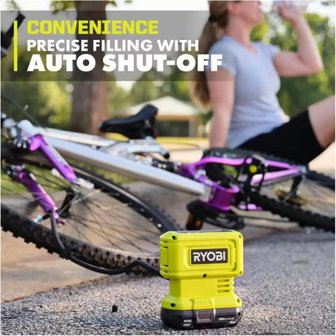 Cordless Tire Inflator Kit With 18V 2 Ah Battery And Charger, digital gauge next to a bike, showing auto shutoff and built-in storage.