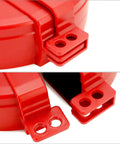 Red lockout device detail for gate valves, with padlock holes, non-conductive plastic, 2.25-5 inch compatibility, impact resistant