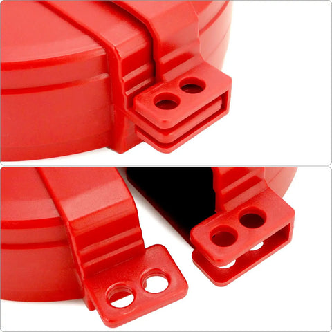 Red lockout device detail for gate valves, with padlock holes, non-conductive plastic, 2.25-5 inch compatibility, impact resistant