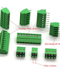 50 Pack 2.54mm Pitch Screw Terminal Block Kit 2P 3P 4P PCB Mount Connectors For Arduino And Raspberry Pi 6A 150V 18-26AWG Wire Mixed Pack Easy Clamp No Solder Required shown in green PA66 nylon, various side views, and housing details.