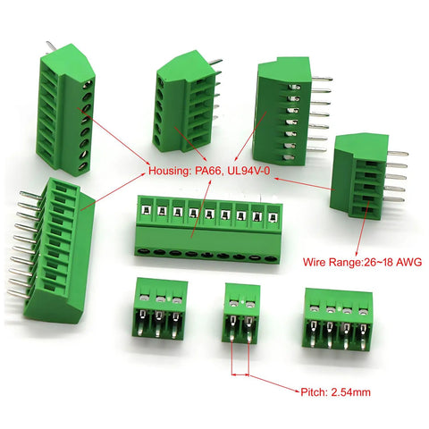 50 Pack 2.54mm Pitch Screw Terminal Block Kit 2P 3P 4P PCB Mount Connectors For Arduino And Raspberry Pi 6A 150V 18-26AWG Wire Mixed Pack Easy Clamp No Solder Required shown in green PA66 nylon, various side views, and housing details.
