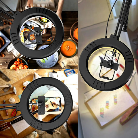 Overhead Camera Mount With Ring Light 6 Inch Reach Adjustable Articulating Arm for iPhone Camera and Webcam, ideal for setups