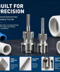 Heavy Duty Dual Function Pvc Pipe Threader Kit With 1 2 And 3 4 Inch Dies For Internal External Threading Compatible With Electric Drill showing precision threading tools on a dark surface.