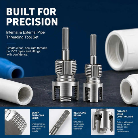 Heavy Duty Dual Function Pvc Pipe Threader Kit With 1 2 And 3 4 Inch Dies For Internal External Threading Compatible With Electric Drill showing precision threading tools on a dark surface.
