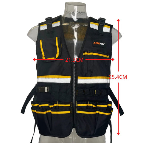 Reflective Safety Tool Vest With Multiple Pockets And Zipper Heavy Duty Work Vest For Electricians And Carpenters Breathable