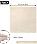 Front view of 12-pack basswood sheets, 12 x 12 inches, 1/8 inch (3 mm) thick; close-up inset shows thickness