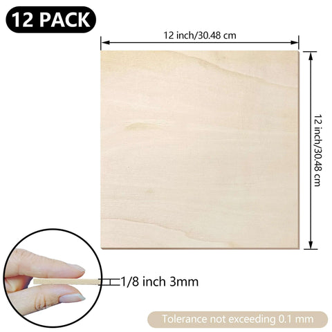 Front view of 12-pack basswood sheets, 12 x 12 inches, 1/8 inch (3 mm) thick; close-up inset shows thickness