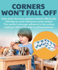Child playing near table with PreTaped Soft Foam Corner Protectors For Baby Safety, Off White, 12 Pack with adhesive 3M tape detail inset.