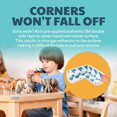 Child playing near table with PreTaped Soft Foam Corner Protectors For Baby Safety, Off White, 12 Pack with adhesive 3M tape detail inset.