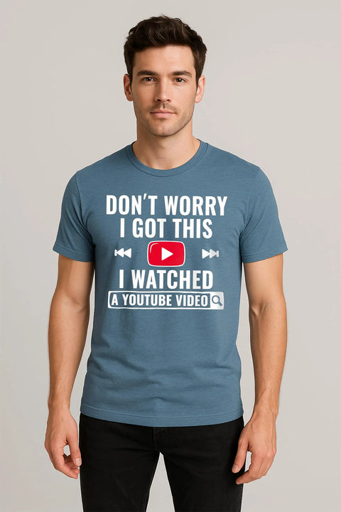 Man wearing Funny DIY Mechanic T Shirt For Men I Watched A YouTube Video Design Indigo Blue Casual Workwear Tee standing front view.