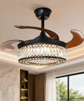 efperfect 42 Inch Black Crystal Fandelier Ceiling Fan with Light and Remote showing crystal detailing and dark wood blades.